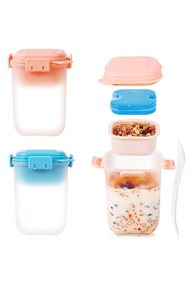 Overnight Oats Containers with lids and spoon, 2PCS Reusable Yogurt Parfait Cups with Ice Pack, Lea - 1