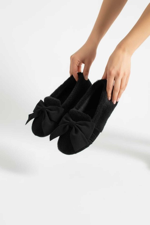 Fiyore Black Soft Plush Light Sole Women's Home Slippers Home Ballet Shoes