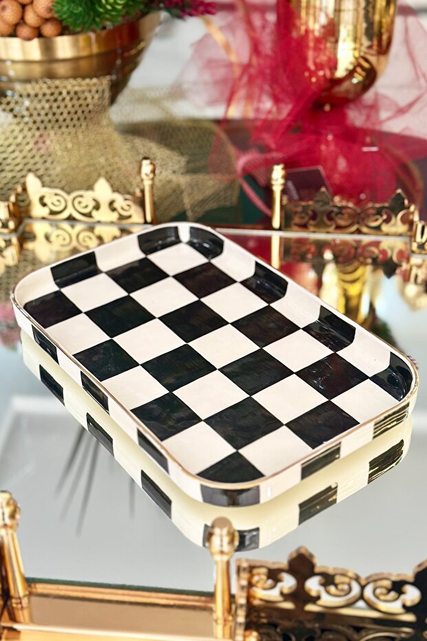 صينية عرض مستطيلة سوداء مربعة النقش - 7