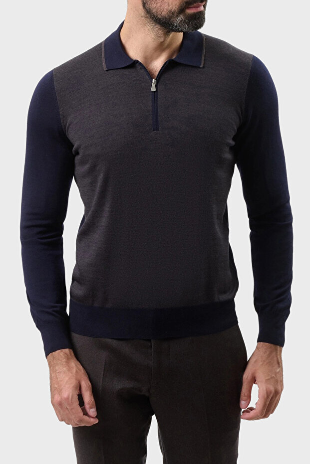 100% Wool Regular Fit Half Zip Polo Neck Sweater Men's Polo Neck Sweater 43108 14713 5