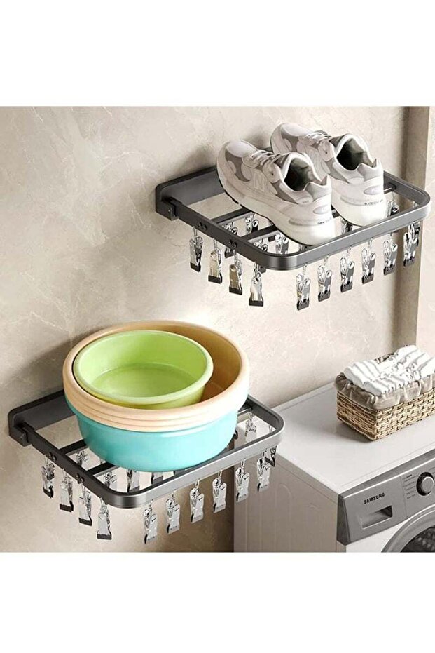 Wall Mounted Foldable Clothes Drying Rack with 26 Clips, Space Saving Laundry Rack