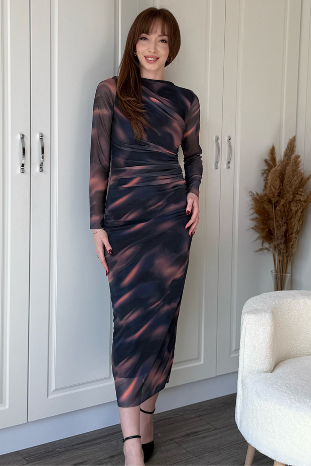 Drapeli Uzun Kol Zarif Desenli Midi Tül Elbise - 4