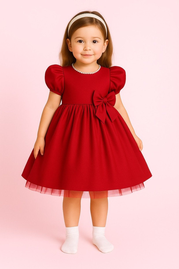 Girls' Front and Back Bow Detail Pearl-Embellished Collar Ball, Party, Graduation, Birthday Dress