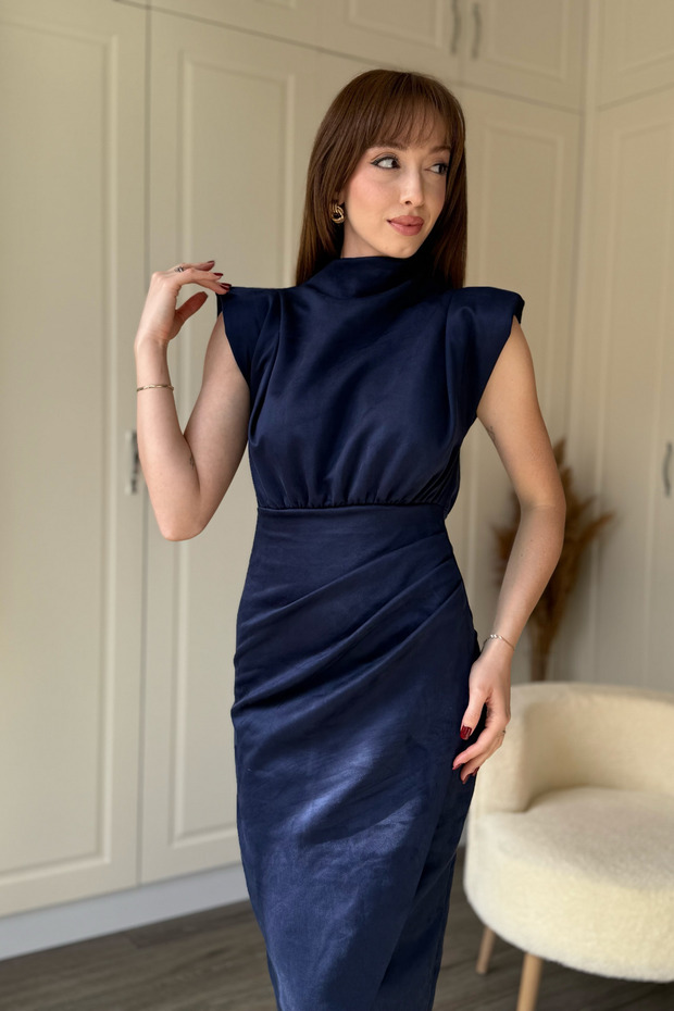 Süet Vatkalı Önü Yırtmaçlı Lacivert Midi Elbise - 3