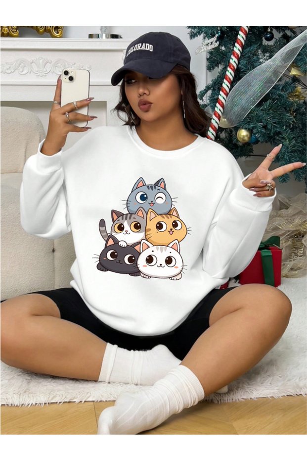 Unisex Women/Men Cats Custom B Printed Color O Oversized Crew Neck Cotton Sweatshirt
