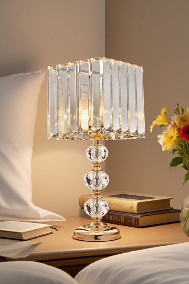 3-Stone 55 cm Table Lampshade Glass Body Fabric Headboard Metal Leg Night Light Lighting