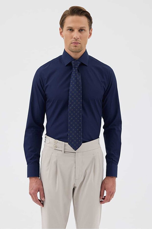 Navy Blue 100% Cotton Classic Collar Poplin Navy Blue Men's Shirt