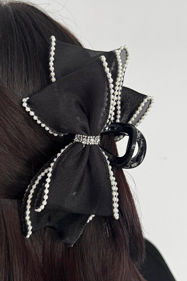 Black Color Ribbon Figured Pearl Detailed Peg Buckle