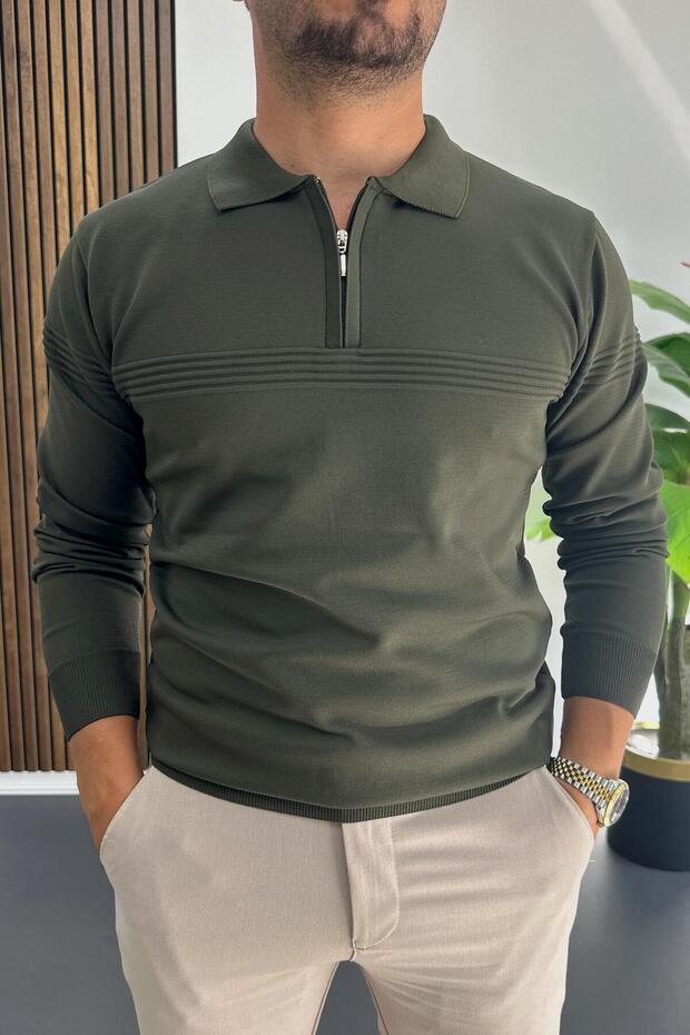 Men's Slim Fit Stripes Detailed Polo Neck Sweater Green Edw427