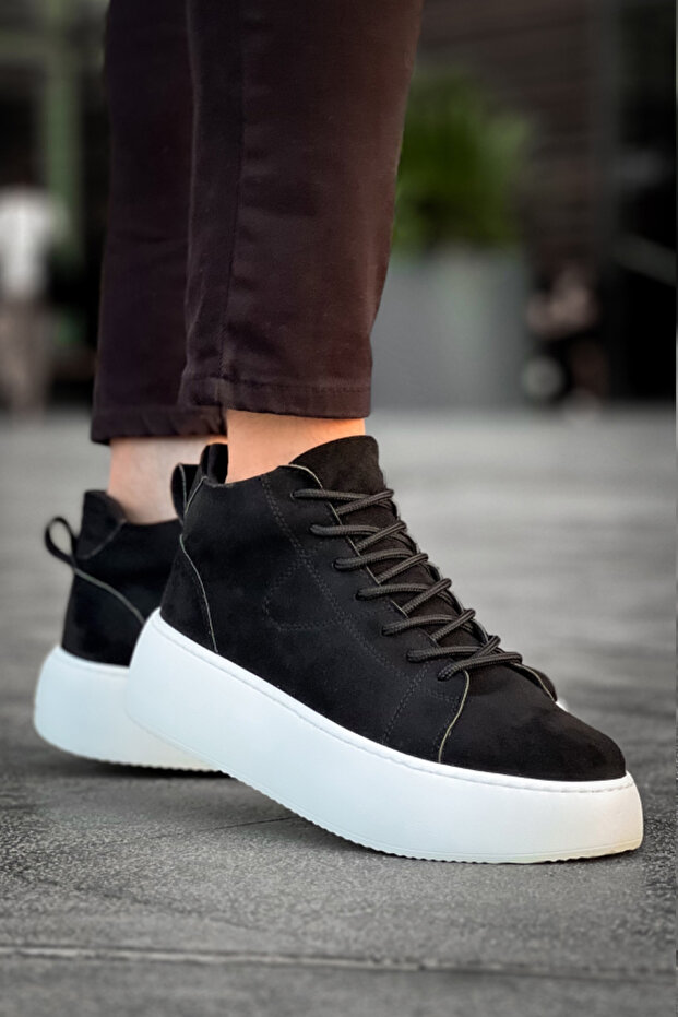 Men's Black and White Casual Suede Boots High Sole Comfortable Stylish Lightweight Water Resistant Sports Boots Postal Boots