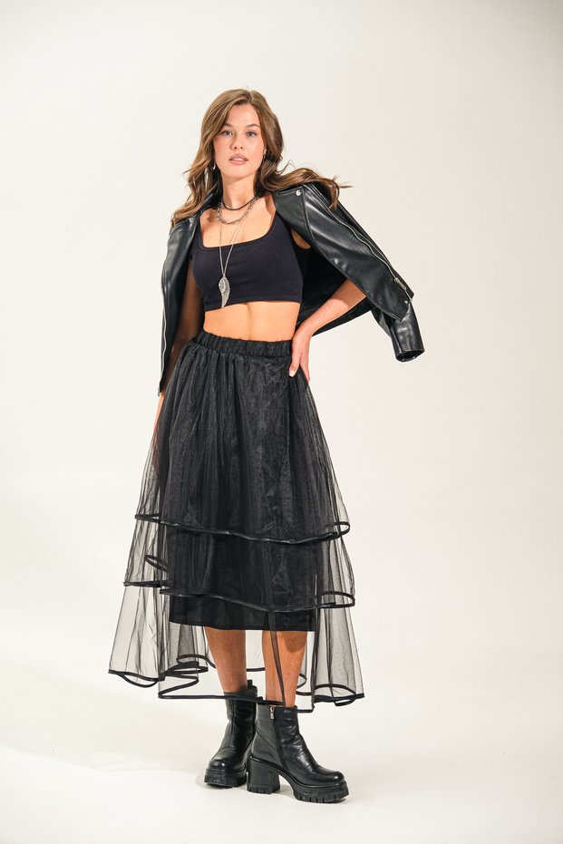 Black Long Tulle Skirt with Special Design Layers