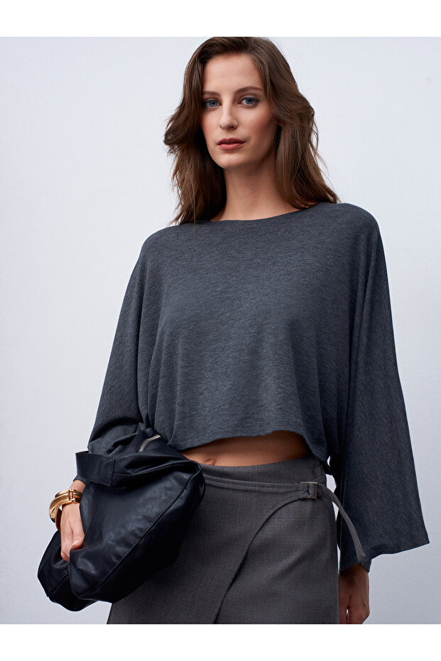 32270 Boat Neck Batwing Sleeve Top-K.Anthracite