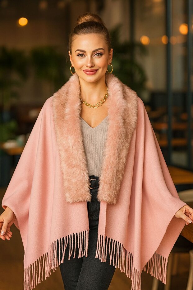 Pink Tasseled Faux Fur Plush Women's Poncho