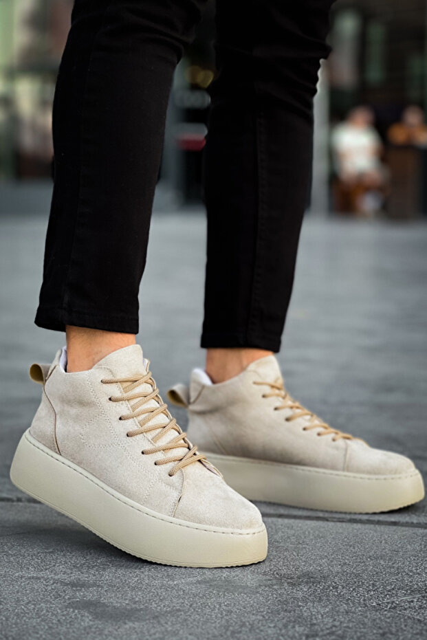 Men's Beige Cream Daily Suede Boots High Sole Comfortable Stylish Lightweight Water Resistant Sports Boots Postal Boots