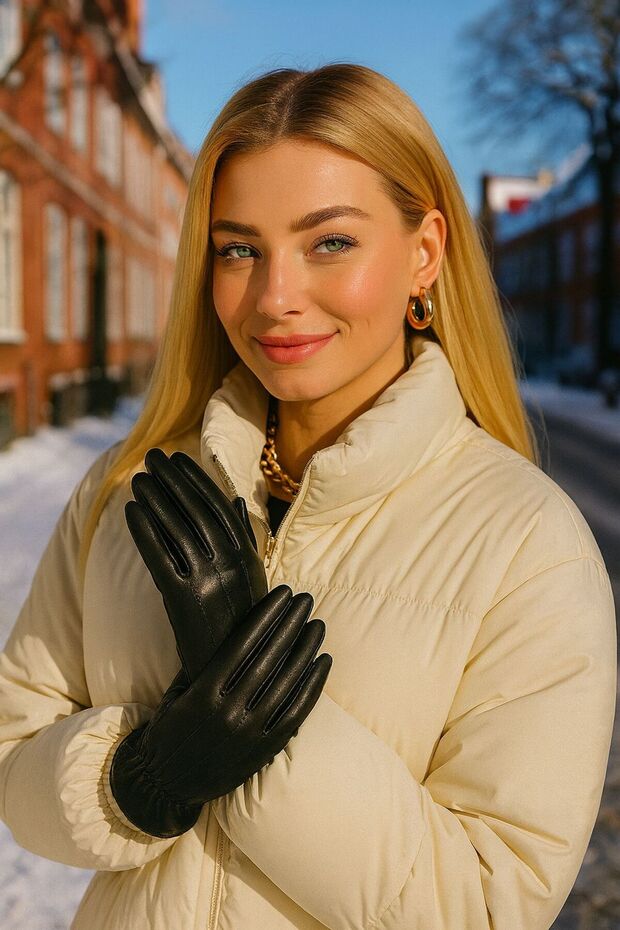 Siyah Deri Kadın Eldiven - 1