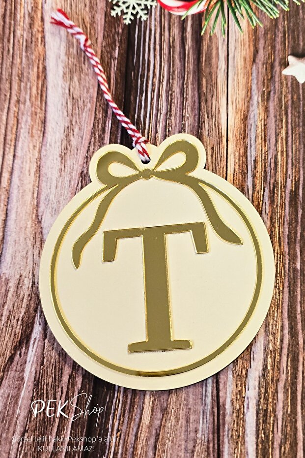 Initial Letter Round Model Bow Christmas Tree Ornament - Gold Initial Letter and Bow Design New Year Ornament