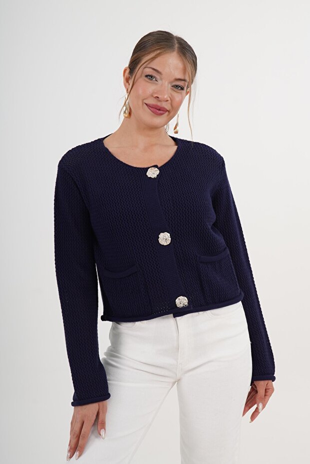 Buttoned Lace-Like Knit Model Pocketed Navy Blue Knitwear Cardigan