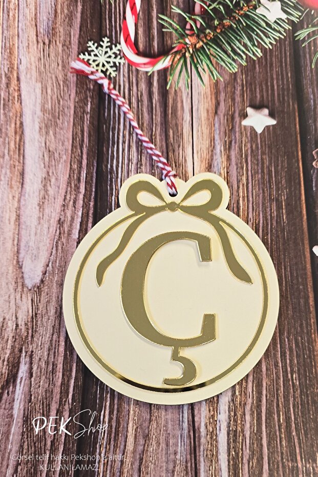 Initial Letter Round Model Bow Christmas Tree Ornament - Gold Initial Letter and Bow Design New Year Ornament