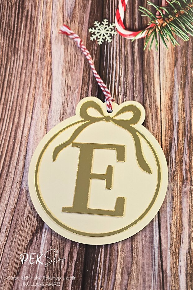 Initial Letter Round Model Bow Christmas Tree Ornament - Gold Initial Letter and Bow Design New Year Ornament