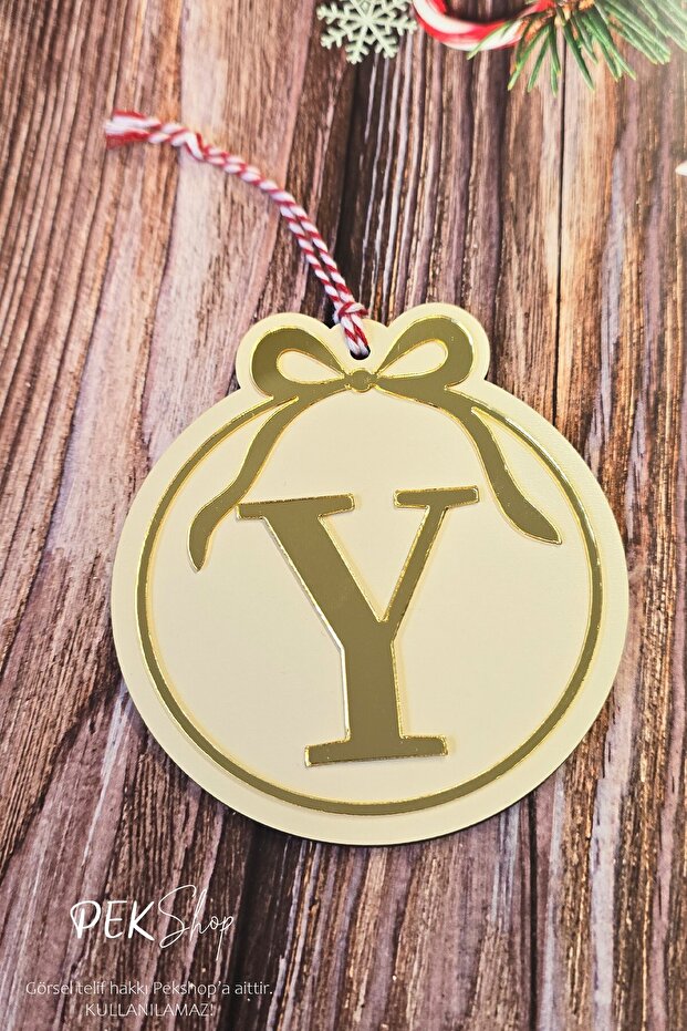 Initial Letter Round Model Bow Christmas Tree Ornament - Gold Initial Letter and Bow Design New Year Ornament