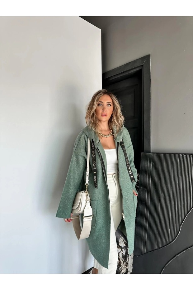 Kadın Kapüşonlu Torba Cep Astarsız Hafif Buklet Kaşe Oversize Kaban - 5