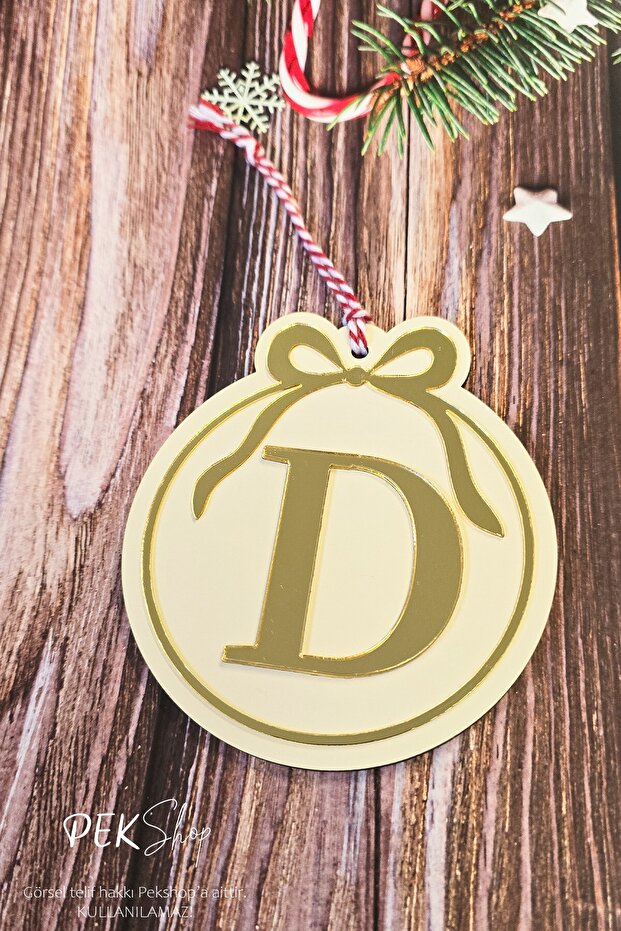 Initial Letter Round Model Bow Christmas Tree Ornament - Gold Initial Letter and Bow Design New Year Ornament