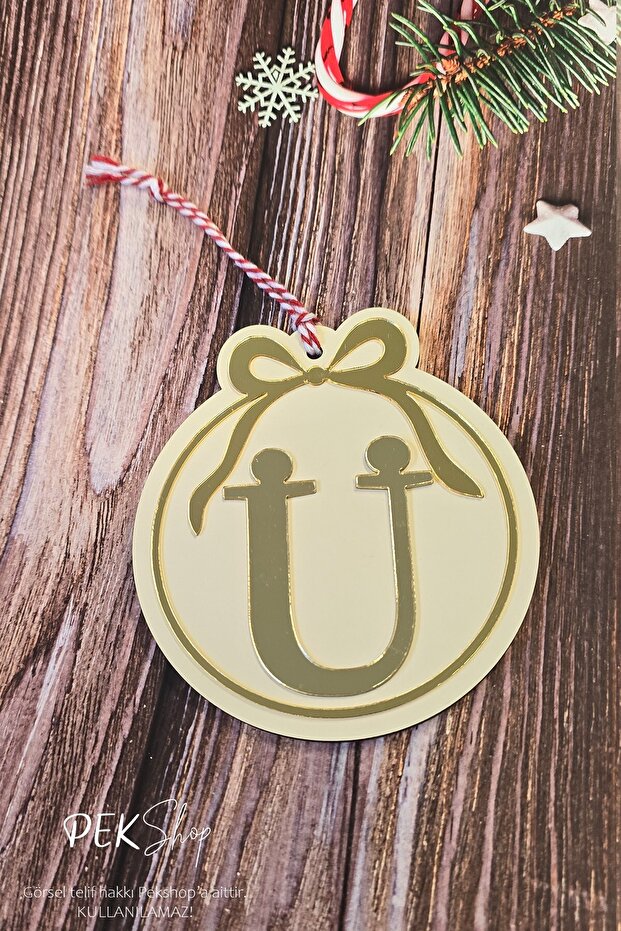 Initial Letter Round Model Bow Christmas Tree Ornament - Gold Initial Letter and Bow Design New Year Ornament