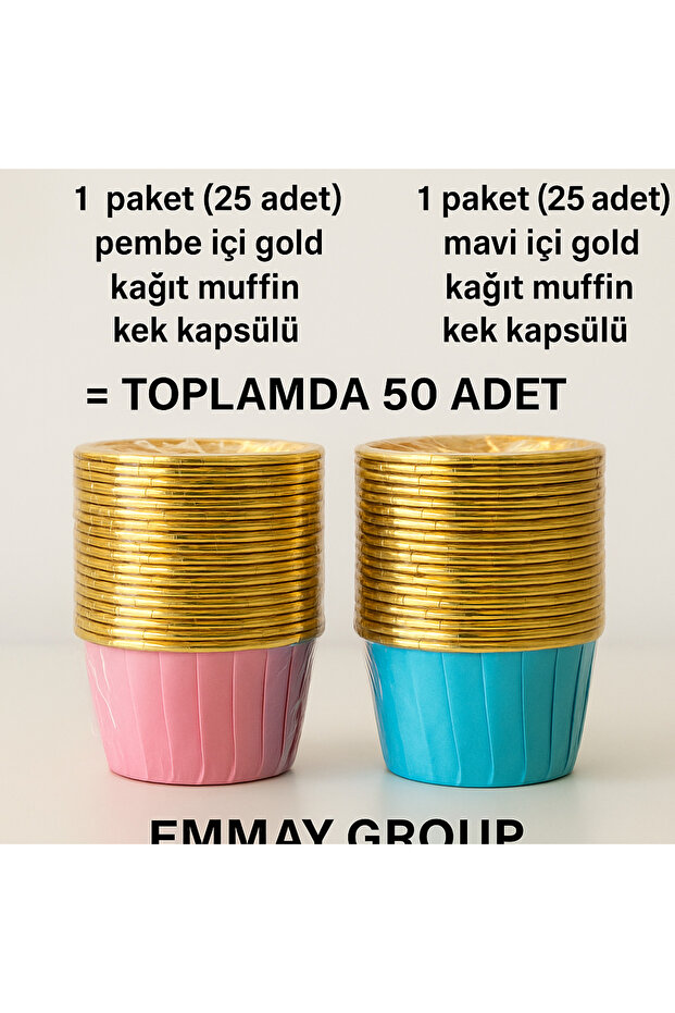 Muffin Kek Kapsülü Mavi-Altın 25 Adet + Pembe-Altın 25 Adet TOPLAM 50 ADET - 1