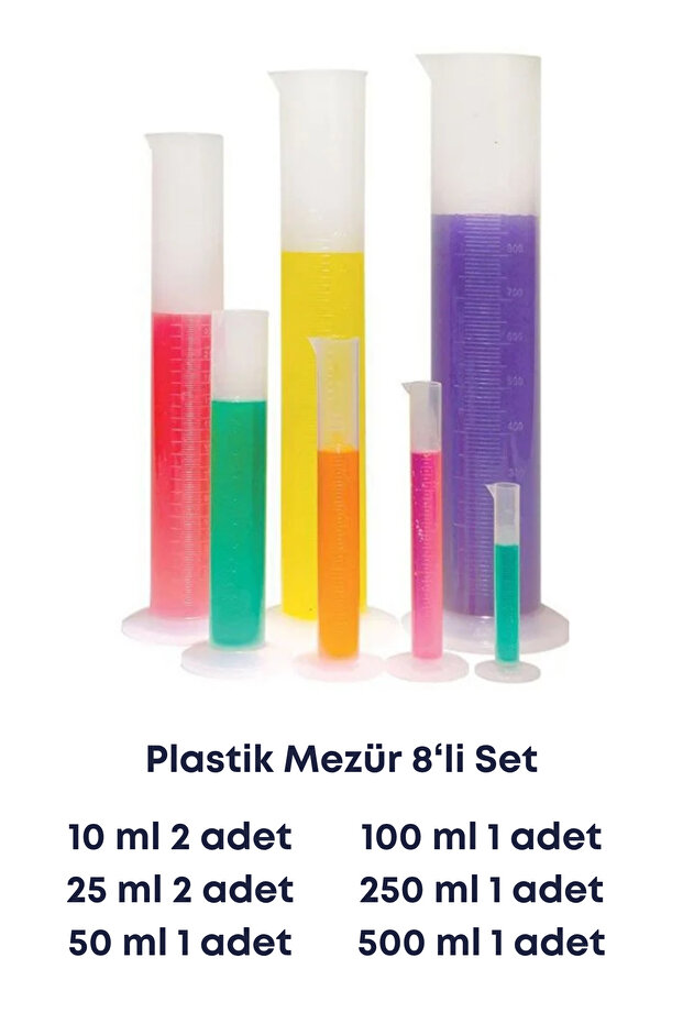 Plastik Mezür 8'li Set (10ml,25ml-2 adet) ve (50ml,100ml,250ml,500ml-1 adet) Taksimatlı Ölçü - 1
