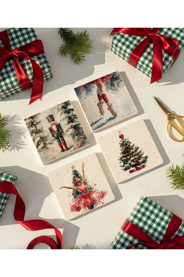 Nutcracker and Ballerina Patterned Natural Stone Coasters, Home Decor, Christmas Gift, Set of 4