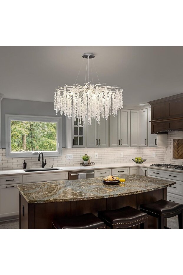 Serip 60lık Yuvarlak Gümüş Kaplamalı Modern Tasarım Salon Kristal Sarkıt Avize - 2