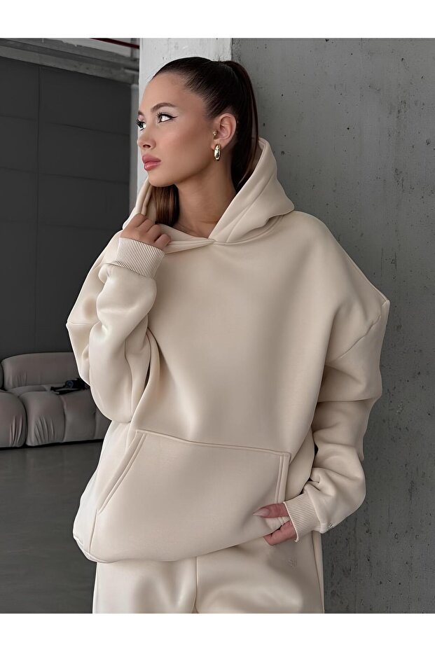 Women's Hooded Basic Oversized Sweatshirt Ekru