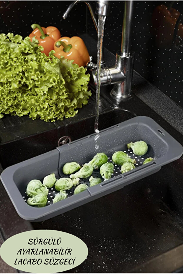 Adjustable Sliding Sink Strainer, Fruit and Vegetable Washing and Draining Rack / Gray