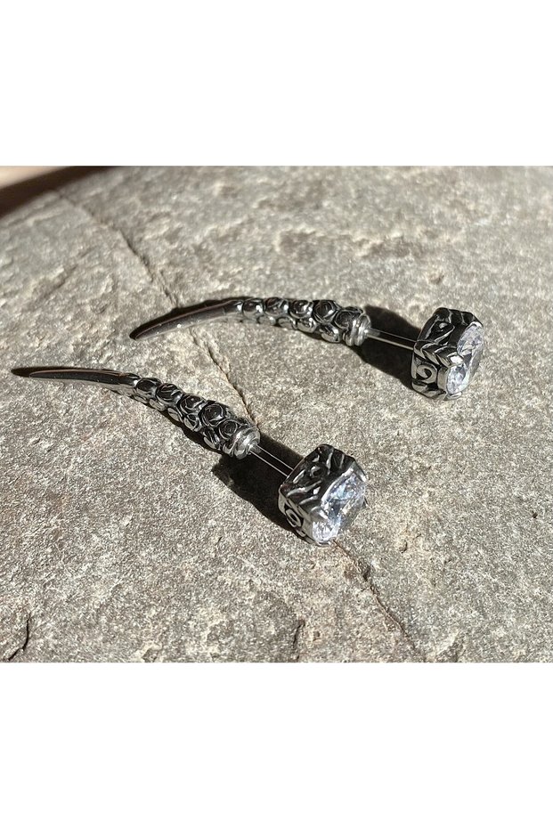 Vintage Long Spike Gothic Nails S+ Quality Zircon Stone 316L Stainless Tarnish Free Steel Earrings Pair