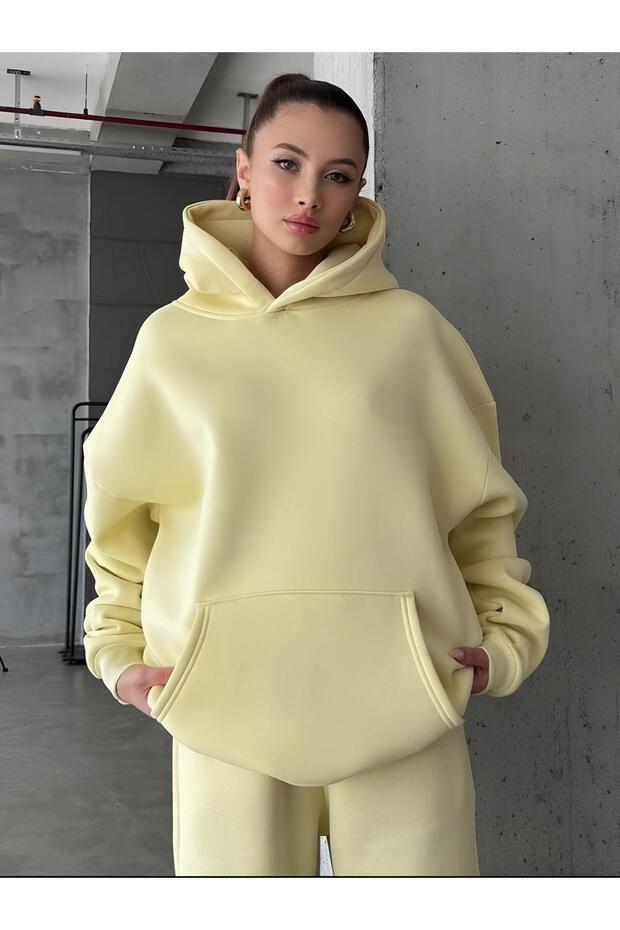 Kadın Kapüşonlu Basic Oversize Sweatshirt SARI - 1