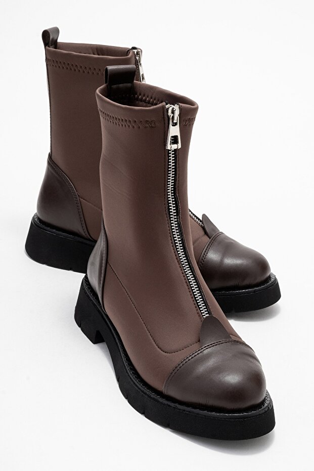 Martos Brown Leather Stretch Front Zipper Women's Boots