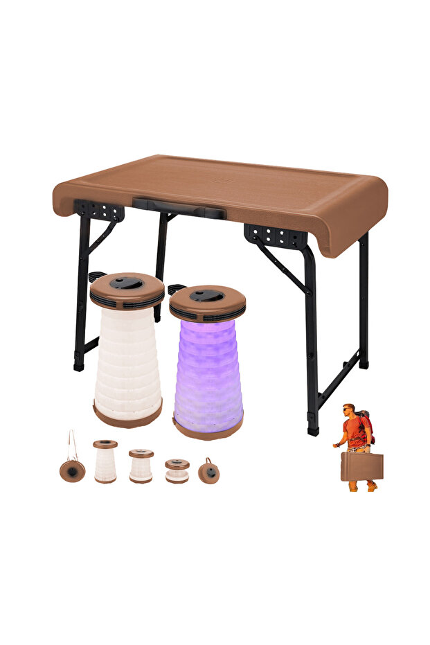 Outdoor Foldable Table with 2 Adjustable Led Stools - Lightweight Portable Camping Table (Brown)