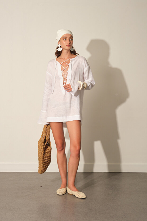 %100 Keten Bağlamalı Oversize Bluz - 2