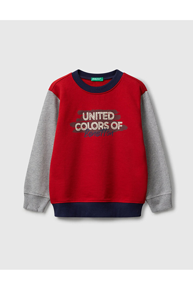 Boy's Red-Grey Crew Neck Sweatshirt with Logo Printed on the Front