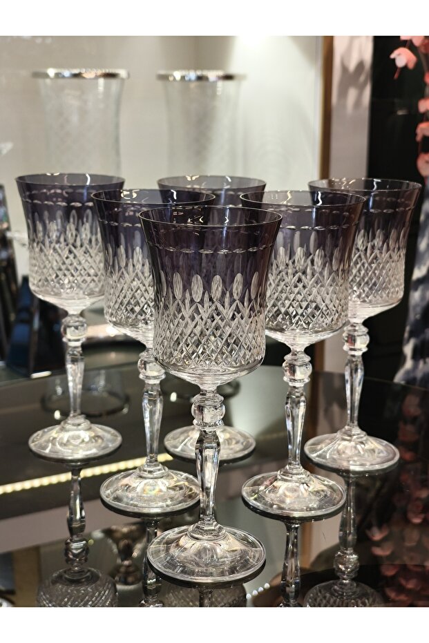 Smoked 6-Piece Crystal Cut Glass Goblet, Tall, 250 Cc
