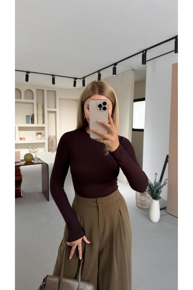 Premium Series Soft Textured Stretch Fabric Brown Basic Blouse