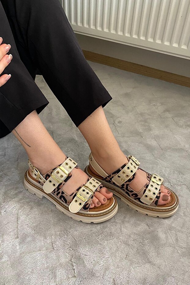 Woman simya beige leopard double banded capsule detailed thick sole orthopedic sandal beige leopard