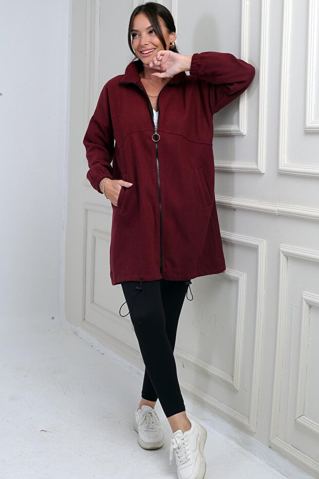 Women's Long Cashmere Coat with Front Zipper and Six Elastic Pockets