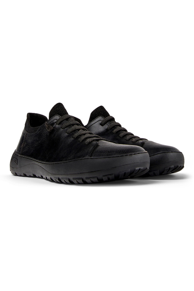 Men Black Practical Sock-Fit Lace-Up Leather and Suede Detailed Sneaker Shoes Peu Serra