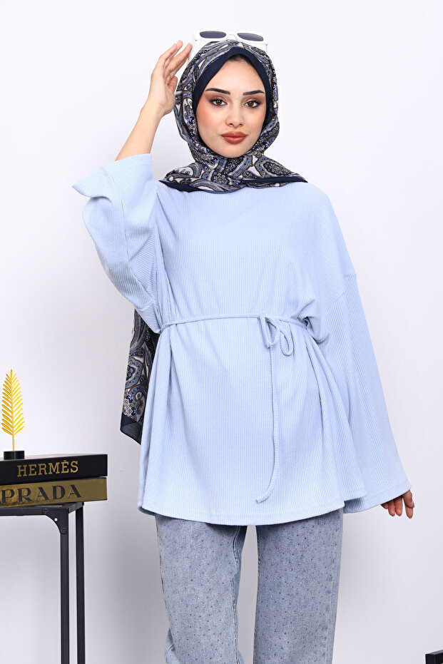Baby Blue Crew Neck Waist Belted Tunic