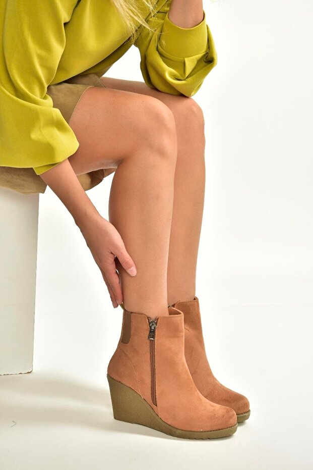V361196802 Tan Suede Wedge Heeled Women's Boots