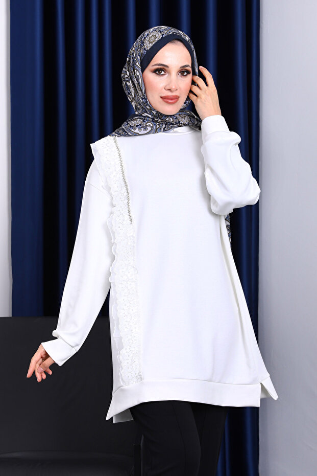 Ecru Mock Neck Tulle Embroidered Tunic
