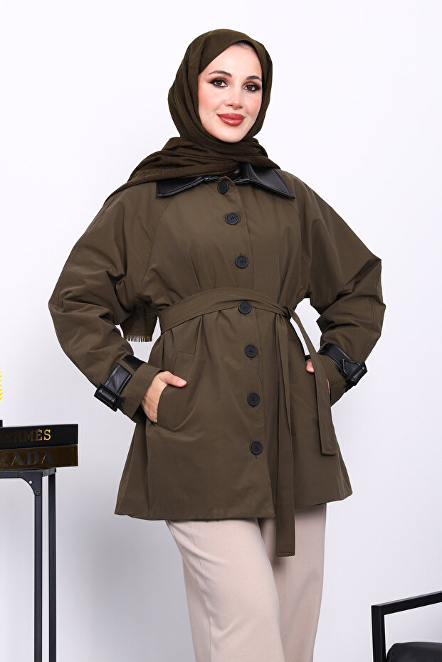 Khaki Leather Detailed Belted Trench Coat