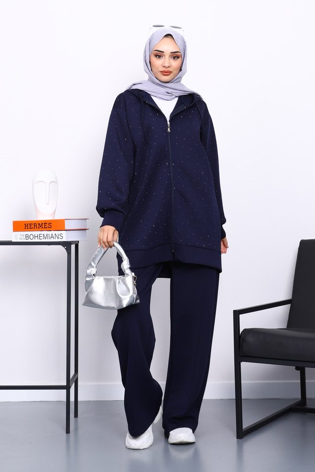 Navy Blue Stone Scuba Tunic Trouser Set