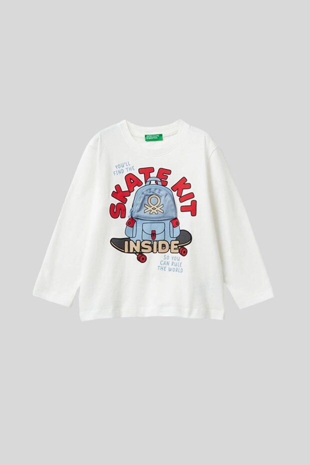 Boy's Ecru Jersey Long Sleeve T-Shirt with Printed Zippers on the Front and Appliques